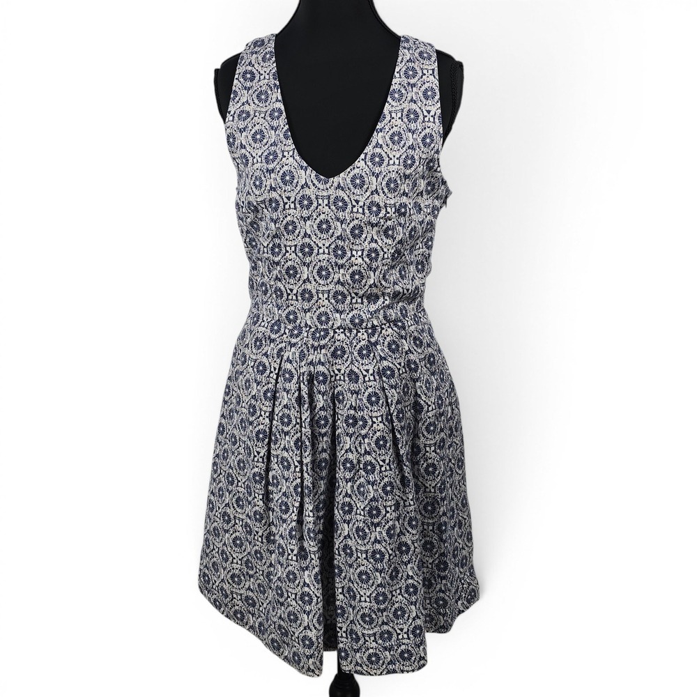 Joie Blue White Medallion Print 100% Linen Sleeveless Mini Dress Woman Medium